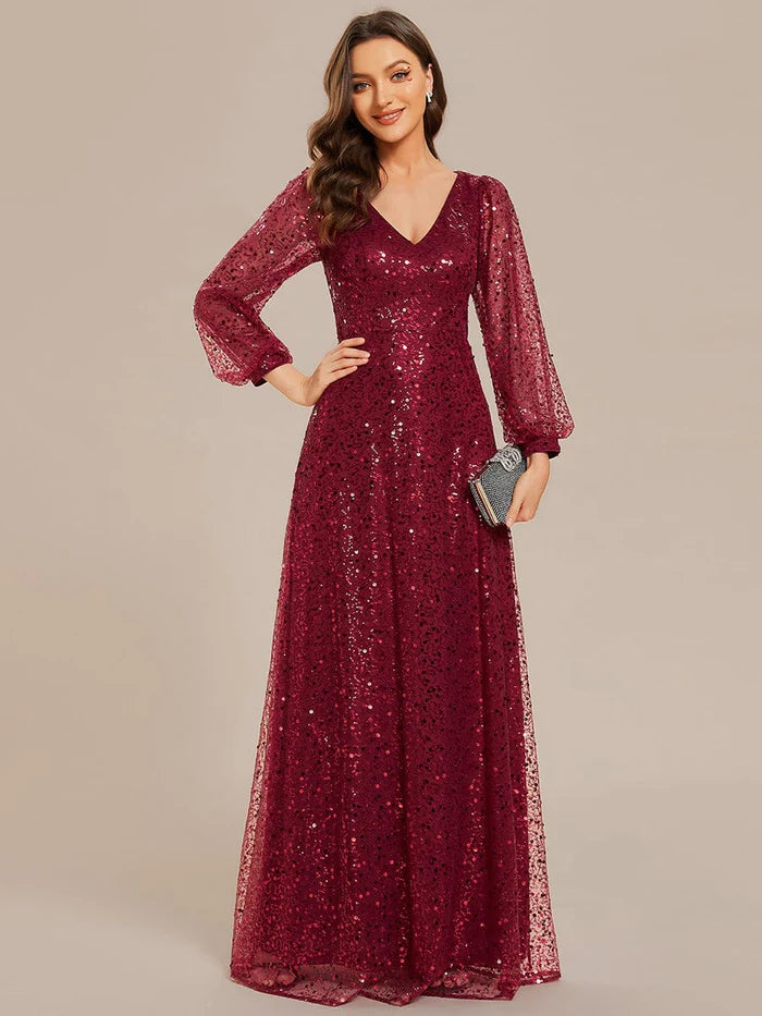 Online Exclusive Koutun V-Neck Lantern Long Sleeve Sequin A-Line Evening Dress