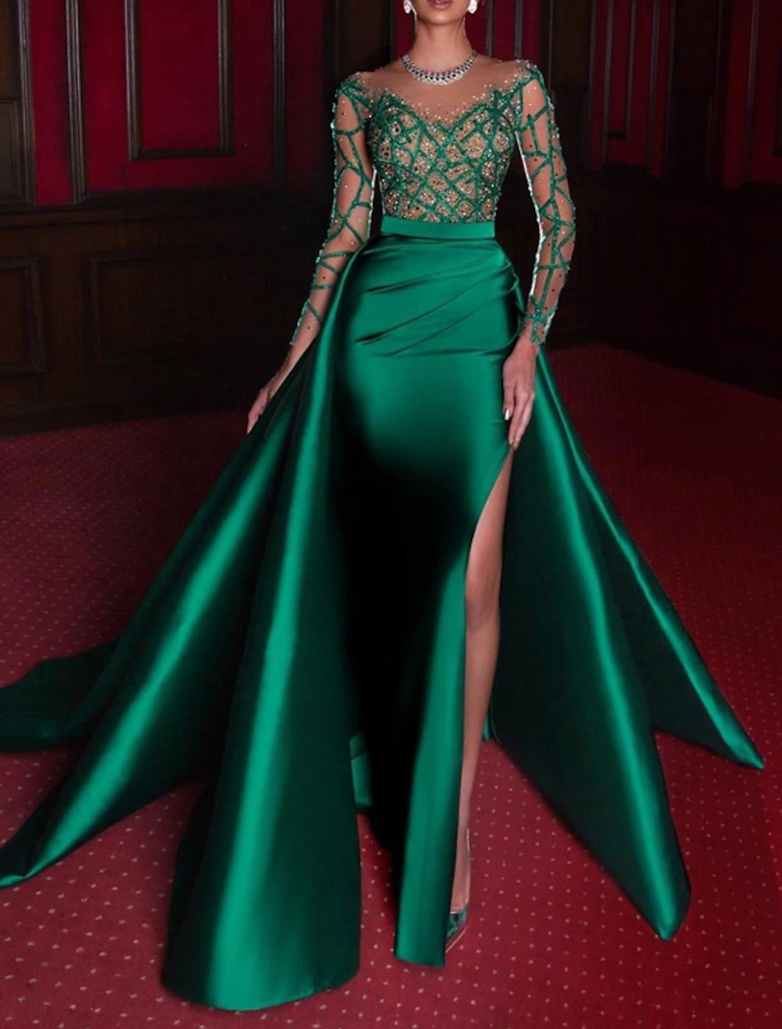 Special Price Mermaid Evening Gown Luxurious Dress Carnival Red Green Dress Court Train Long Sleeve Jewel Neck Satin with Rhinestone Appliques Special Price Mermaid Evening Gown Luxurious Dress Carnival Red Green Dress Court Train Long Sleeve Jewel Neck Satin with Rhinestone Appliques