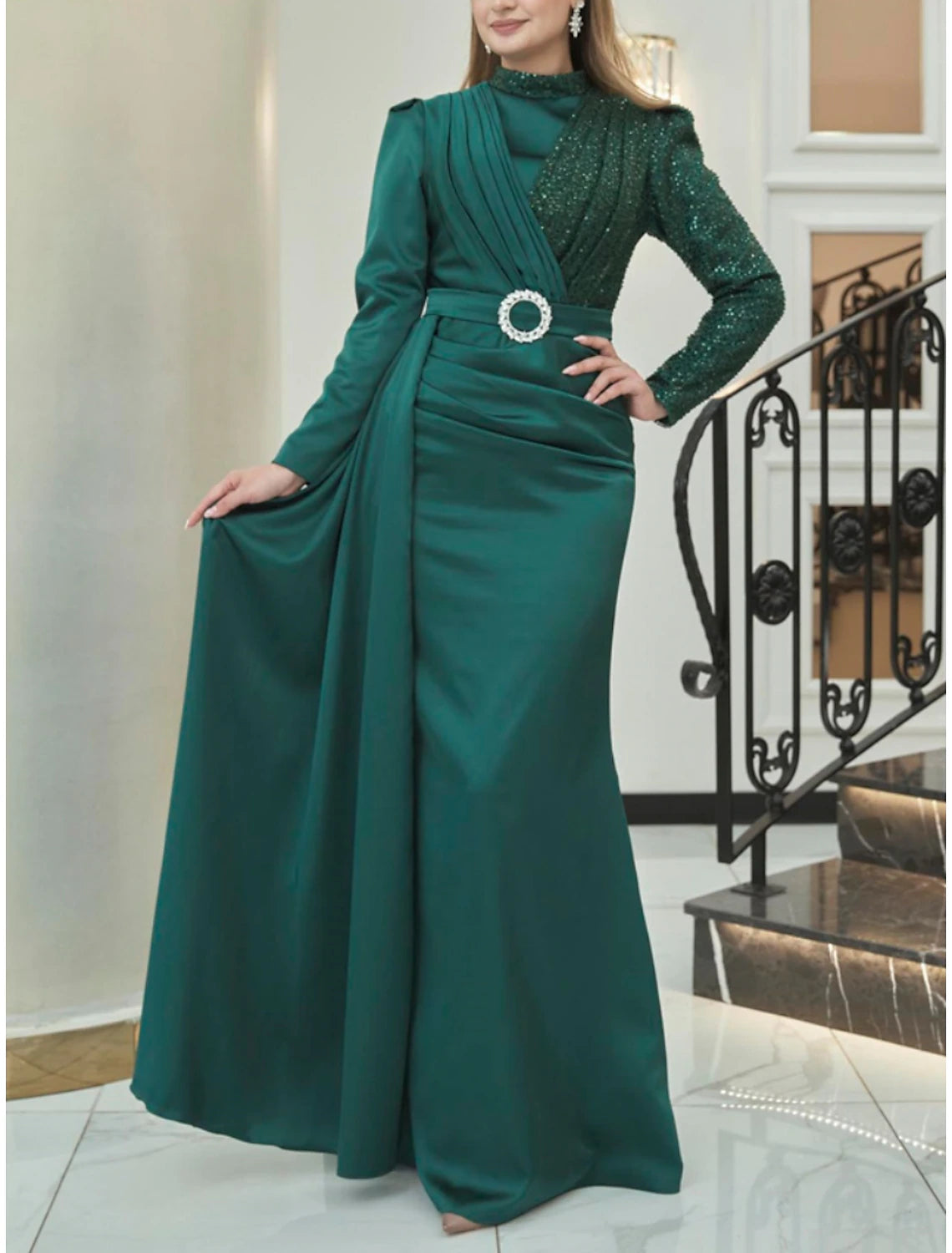 Friends and Family Sale A-Line Evening Gown Sparkle & Shine Dress Formal Christmas Floor Length Long Sleeve High Neck Satin with Glitter Ruched