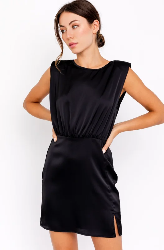 Closeout Black padded shoulder satin dress
