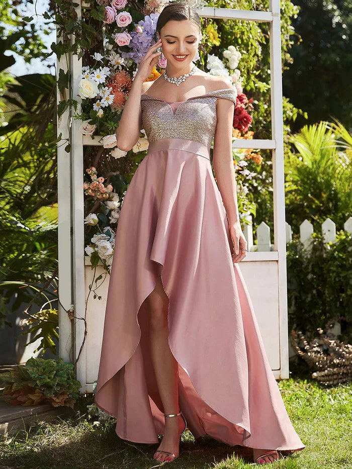 Mega Sale Off Shoulder Shimmer High Low Evening Dress