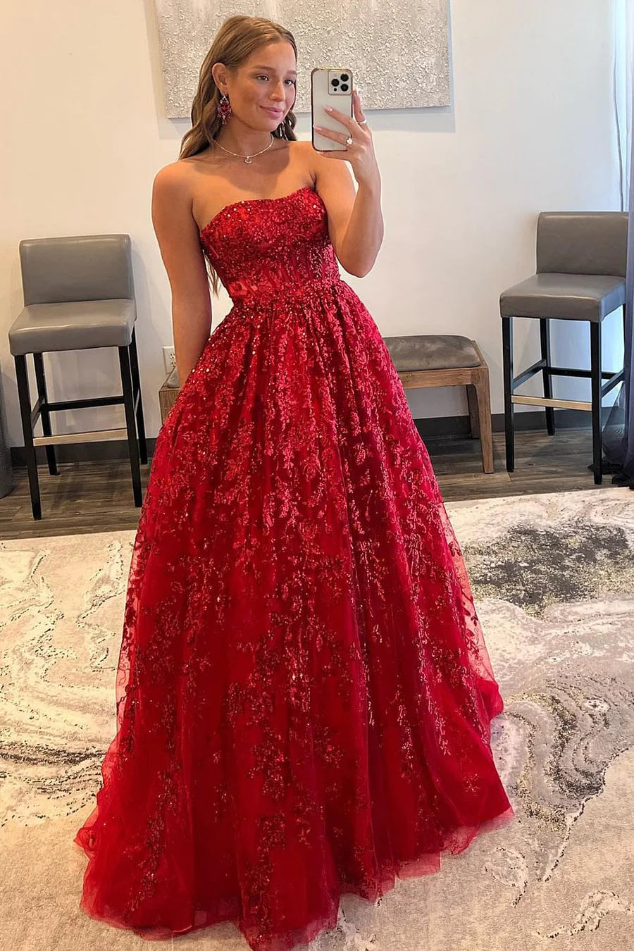 Don’t Miss Out Red A-Line Strapless Sequin Lace Prom Dresses