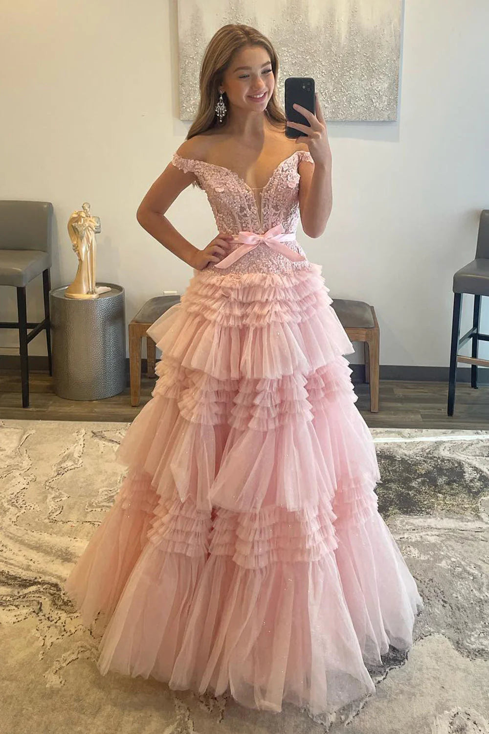 Factory Direct Sale Princess A-Line Off the Shoulder Light Pink Tiered Ruffled Tulle Long Prom Dresses