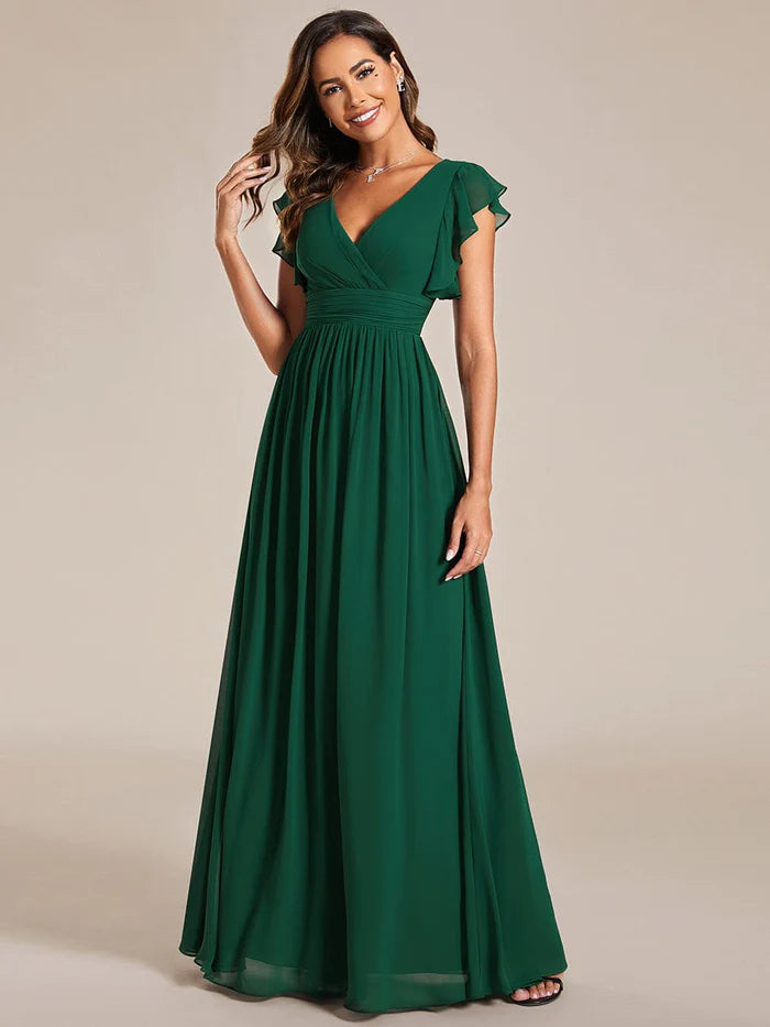 New Deals Elegant V-Neck Open Back Chiffon Bridesmaid Dress with Ruffled Sleeves