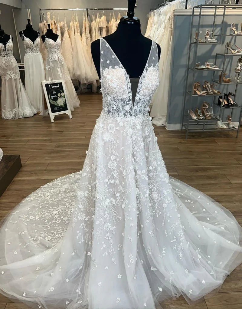 Price Break Gorgeous A-Line Deep V-Neck Open Back Chapel Train Wedding Dress