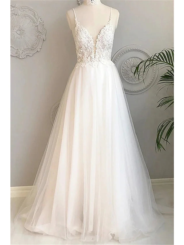 Amazing Deals Beach Wedding Dresses Court A-Line Sleeveless Spaghetti Strap Lace With Buttons Appliques