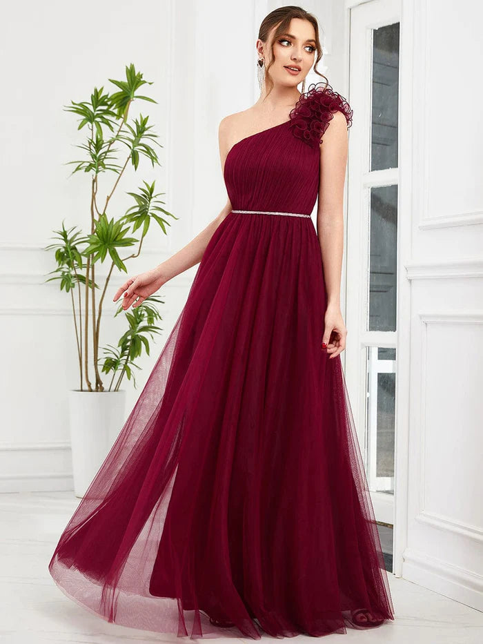 Buy Now Ruffled One Shoulder Sequin Waist A-Line Tulle Bridesmaid Dress
