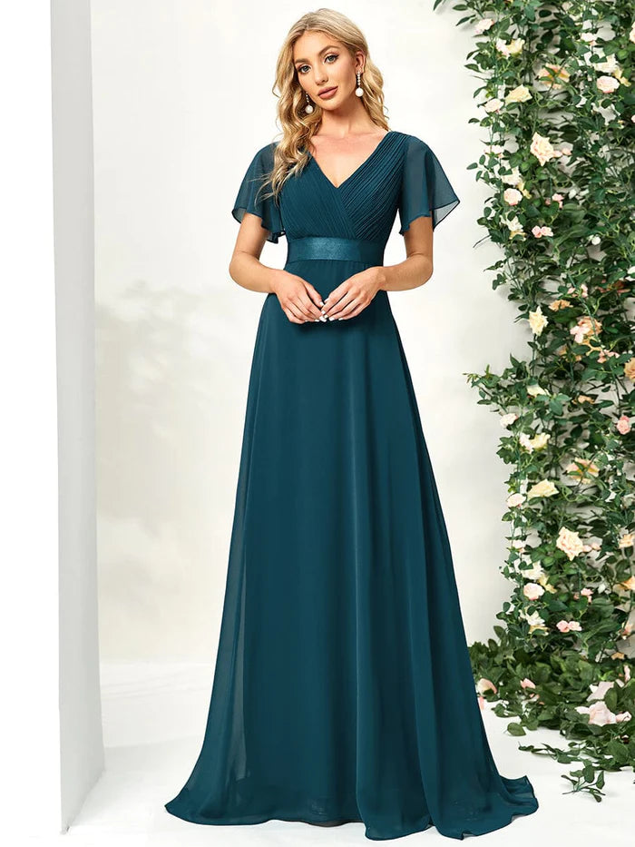 Great Bargains High Waist Maxi Chiffon Bridesmaid Dress with Short Sleeves