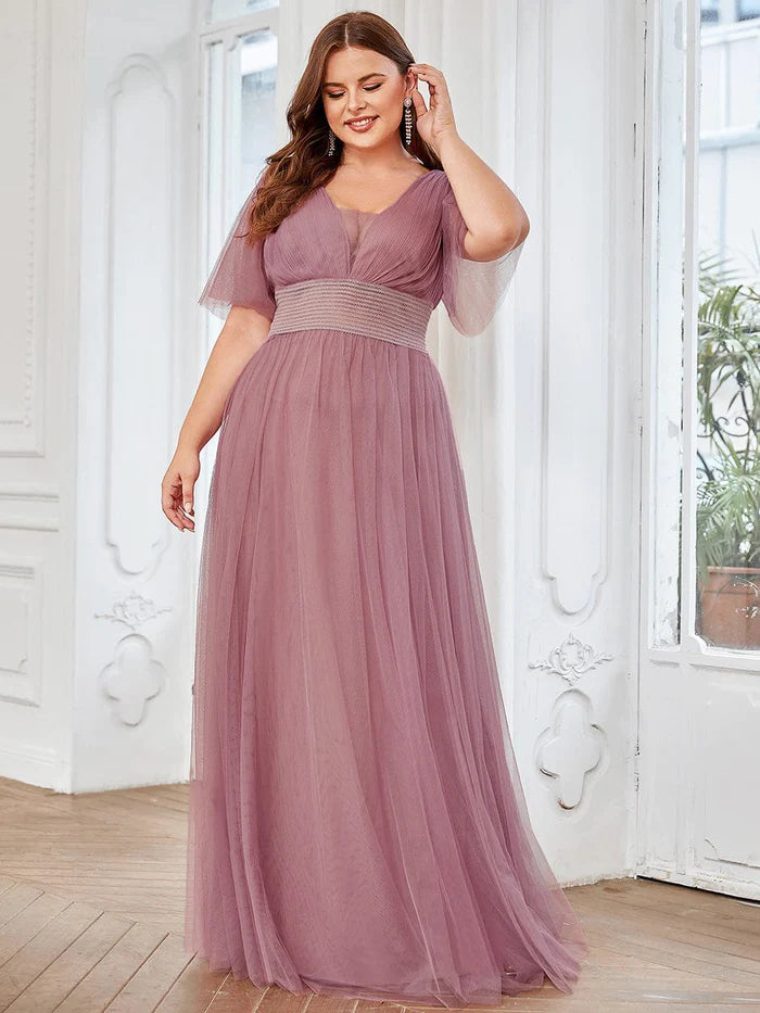 Deal Alert Plus Size A-Line Short Sleeve V-Neck Tulle Bridesmaid Dress