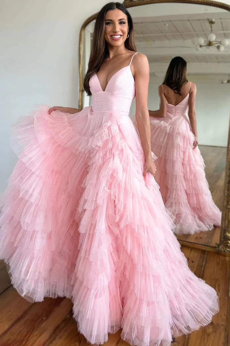 Price Smash Cute A Line V Neck Sweetheart Pink Tulle Long Prom Dresses