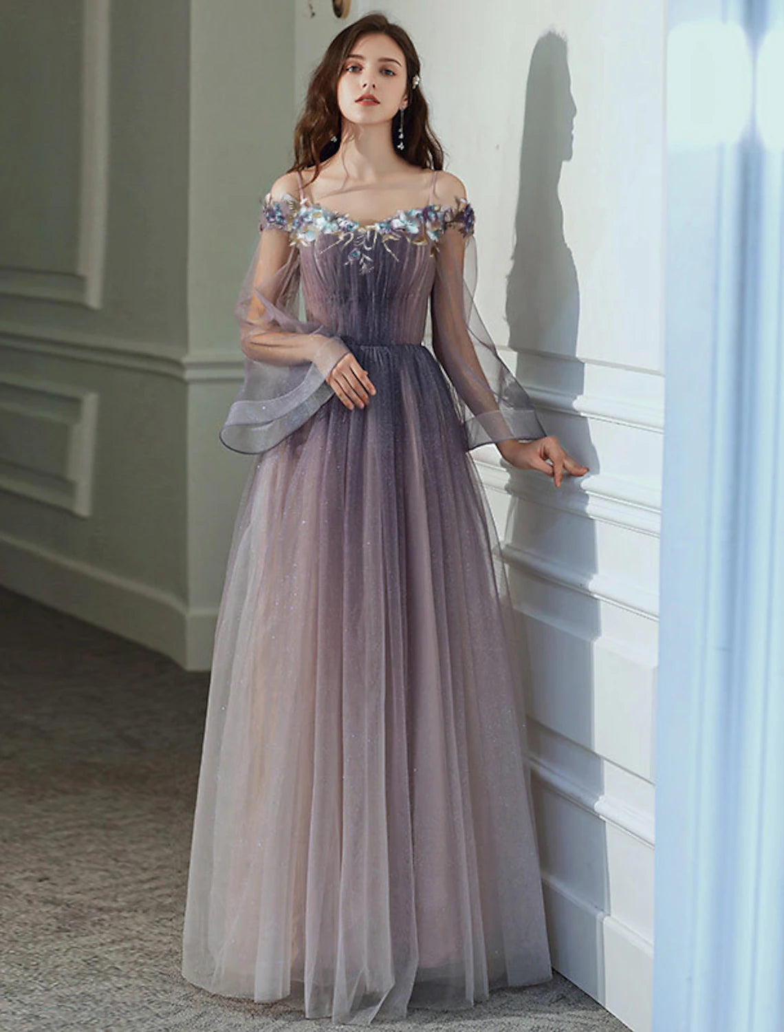 New Arrival A-Line Minimalist Elegant Party Wear Prom Dress Off Shoulder Long Sleeve Floor Length Tulle with Appliques New Arrival A-Line Minimalist Elegant Party Wear Prom Dress Off Shoulder Long Sleeve Floor Length Tulle with Appliques