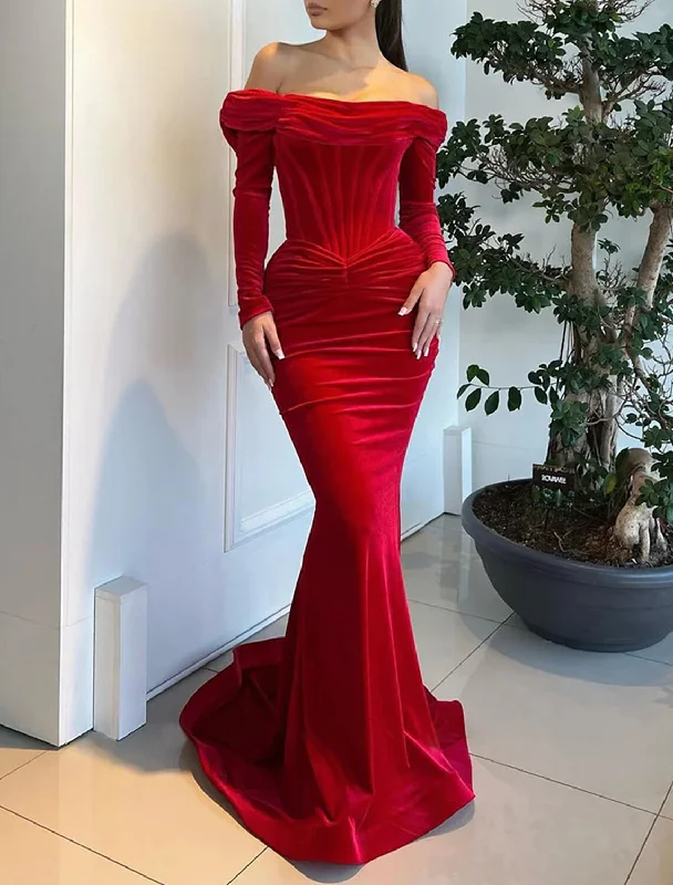 Super Bargain Mermaid / Trumpet Evening Gown Corsets Dress Formal Christmas Sweep / Brush Train Long Sleeve Off Shoulder Velvet with Ruched