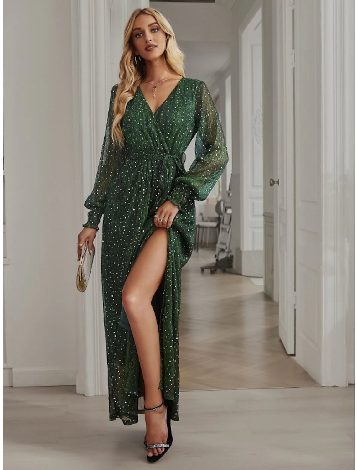 Great Deals A-Line Party Dresses Sparkle & Shine Dress Birthday Fall Ankle Length Long Sleeve V Neck Chiffon with Glitter Sequin Slit Great Deals A-Line Party Dresses Sparkle & Shine Dress Birthday Fall Ankle Length Long Sleeve V Neck Chiffon with Glitter Sequin Slit
