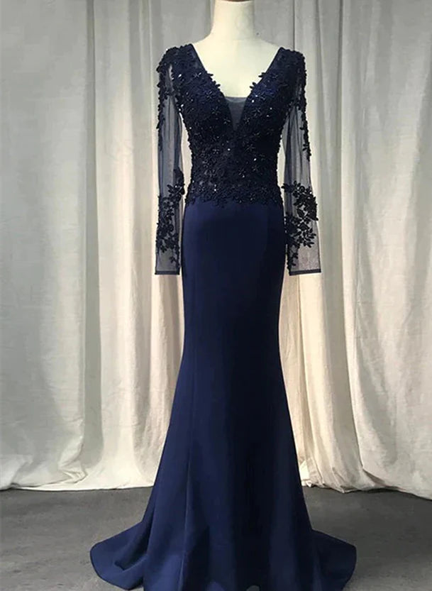 Online Only Navy Blue Spandex Long Sleeves Mermaid Evening Dress Navy Blue Prom Dress