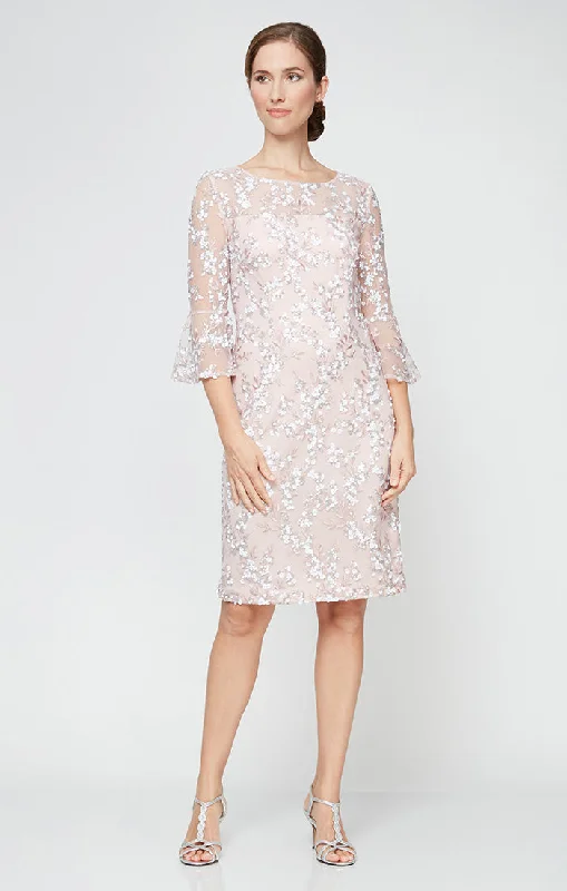 Fantastic Offers Embroidered Sequin Lace Sheath Dress with Illusion Neckline & 3/4 Bell Sleeves