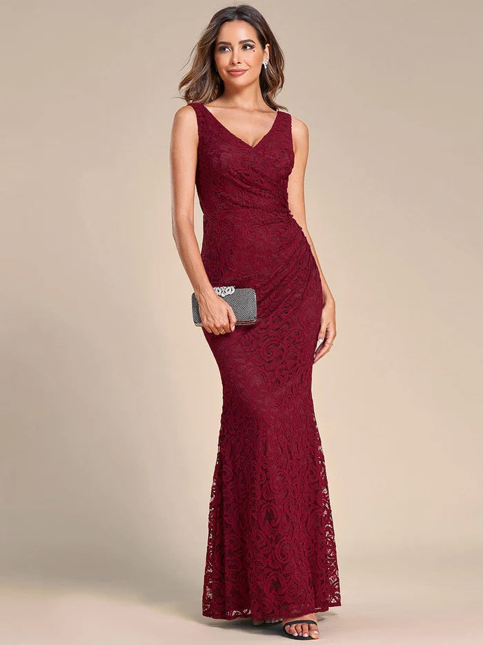 Hurry In Pleated Lace Bodycon Sleeveless Floor-Length Evening Dress