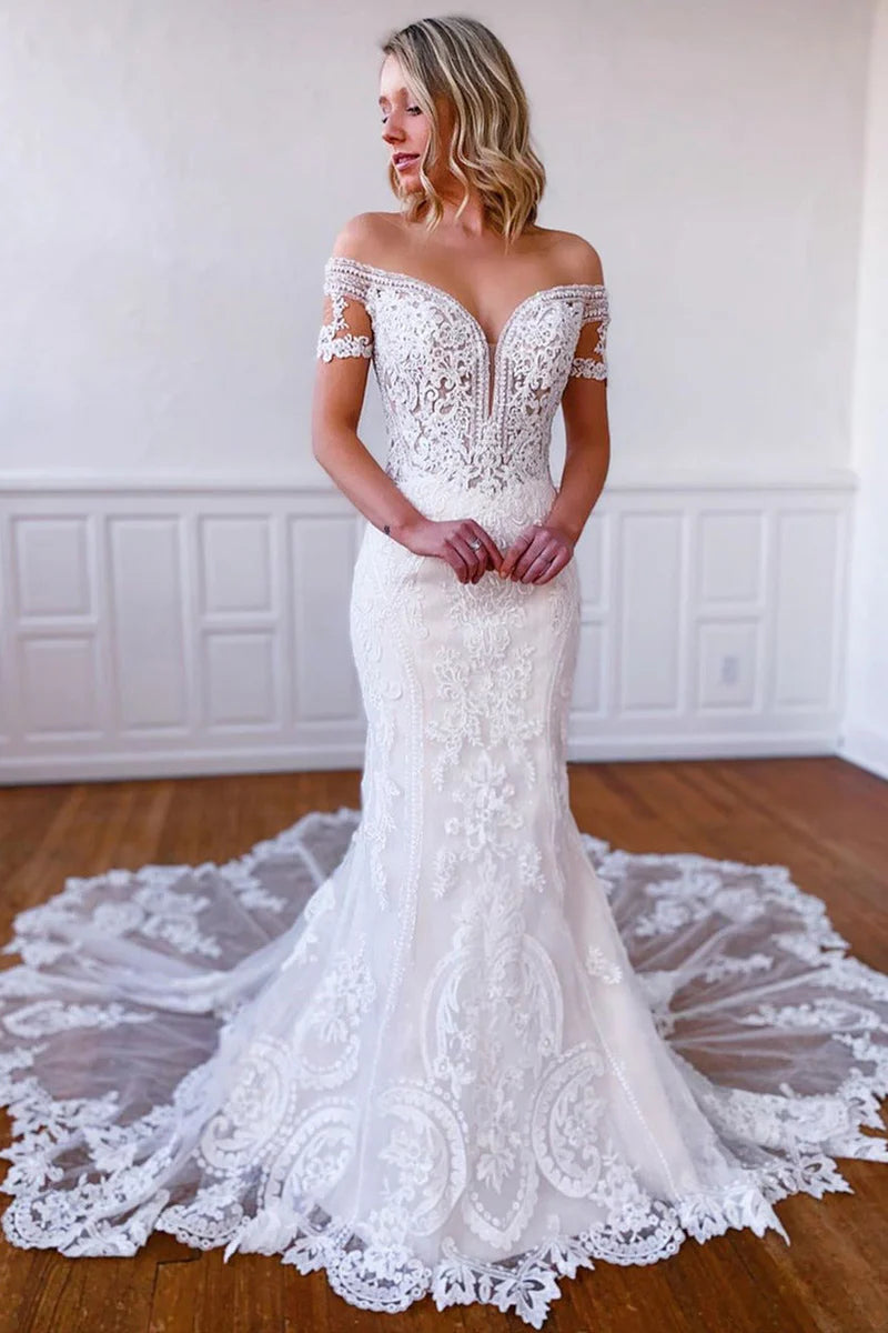 Deal Zone Mermaid Off-the-Shoulder Short Sleeves Long White Lace Bridal Dress