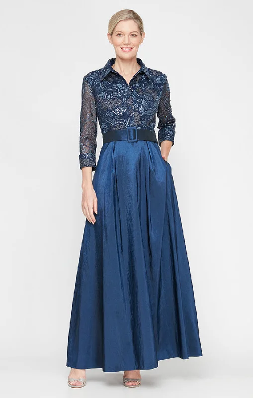 Sale Event Long A-Line Stretch Tulle Dress with Embroidered Bodice, Illusion Sleeves and Structured Belt