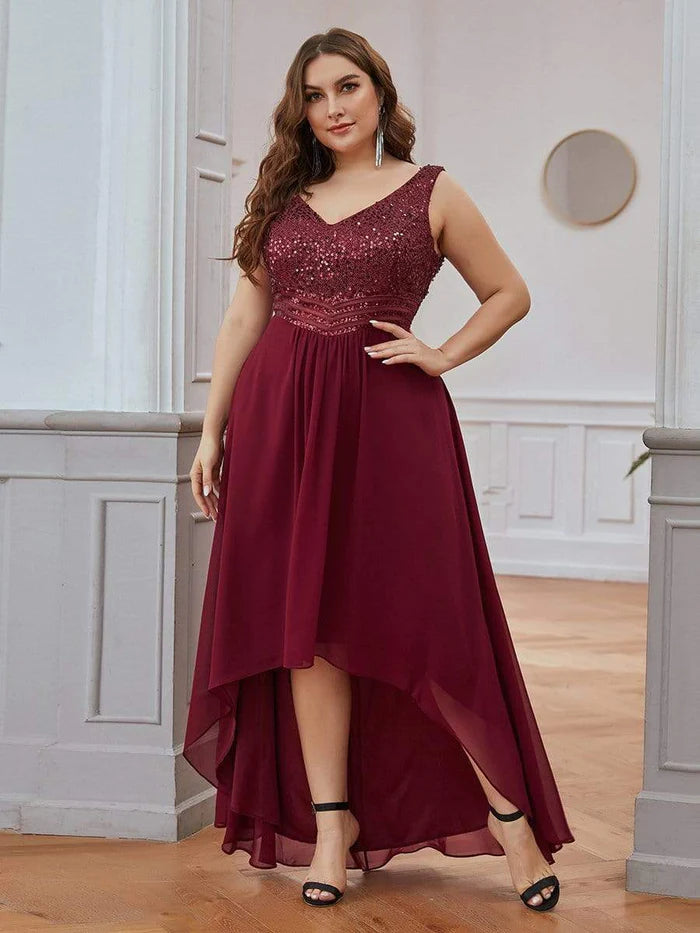 Buy Now Elegant Paillette & Chiffon V-neck A-line Sleeveless Plus Size Formal Evening Dresses