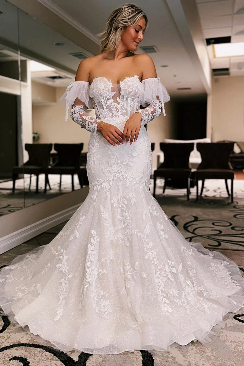 Price Buster White Floral Lace Sweetheart Mermaid Wedding Dress with Detachable Sleeves Chapel Train Dress