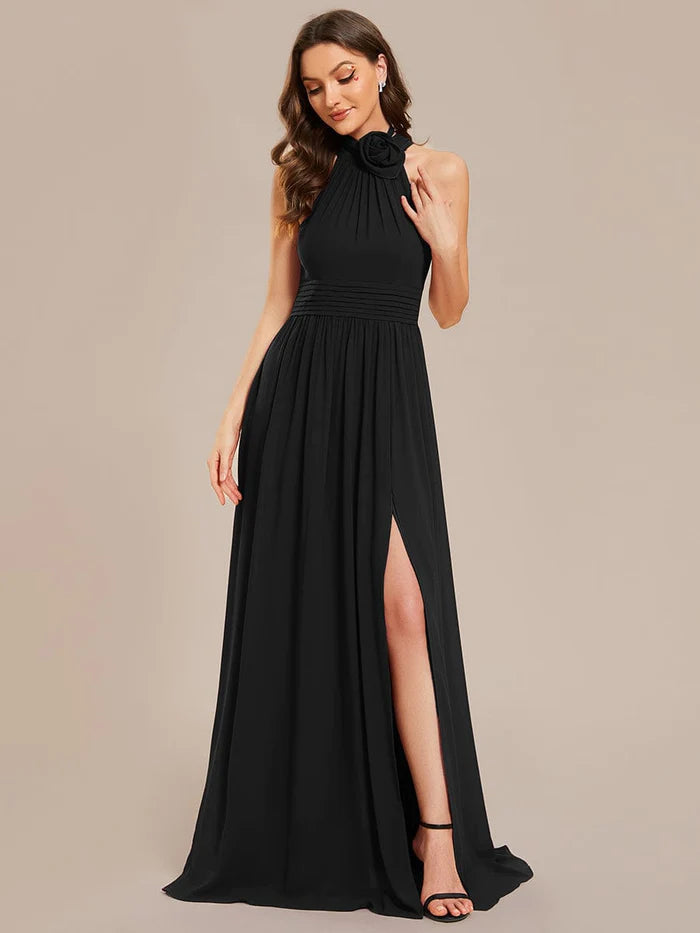 Instant Savings Chiffon Halter Straps Sleeveless Pleated A-Line High Slit Maxi Bridesmaid Dress