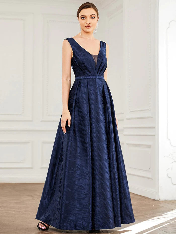 Savings Galore Illusion V-Neck Sleeveless Satin Empire Waist A-Line Evening Dress