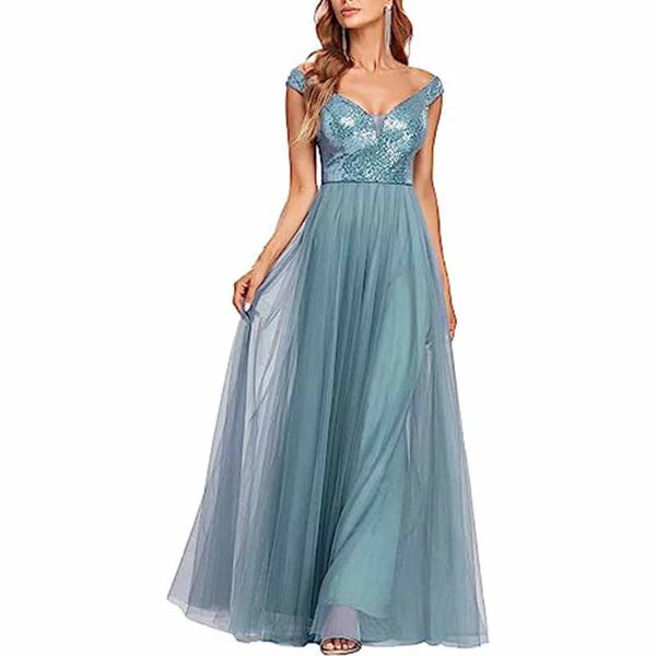 Season Finale Sale Off The Shoulder Bridesmaid Dress with Sequined Top High Waisted Long Prom Dress