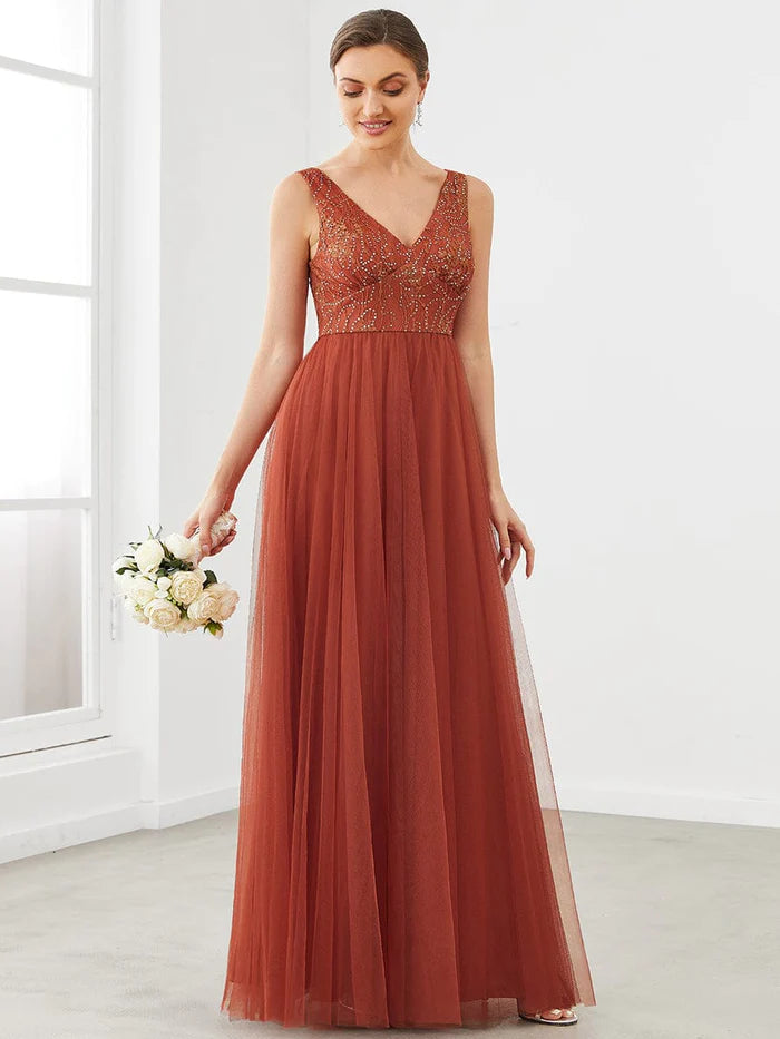 Discount Extravaganza Lace V-Neck Sleeveless Tulle A-Line Bridesmaid Dress