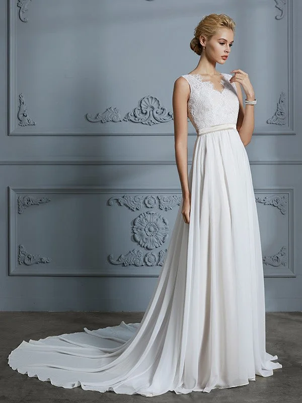 Value Deals A-Line/Princess Sleeveless V-neck Chiffon Court Train Wedding Dresses