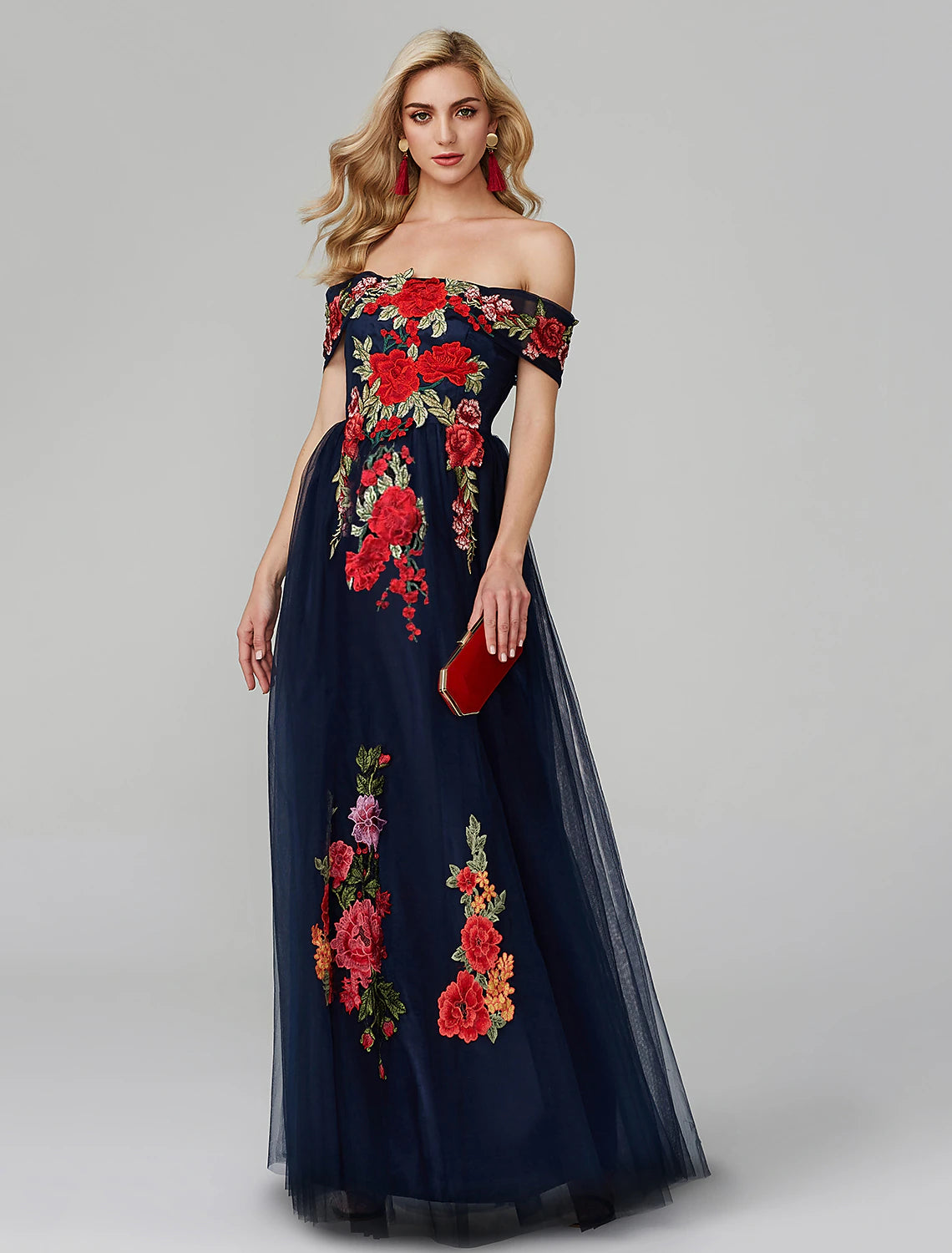 Weekend Deal A-Line Prom Dresses Floral Dress Wedding Guest Floor Length Sleeveless Off Shoulder Lace Over Tulle with Embroidery Appliques Weekend Deal A-Line Prom Dresses Floral Dress Wedding Guest Floor Length Sleeveless Off Shoulder Lace Over Tulle with Embroidery Appliques