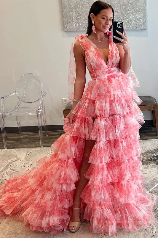 Overstock Sale Deep V-Neck Tie Straps Floral Print Layered Long Prom Dress