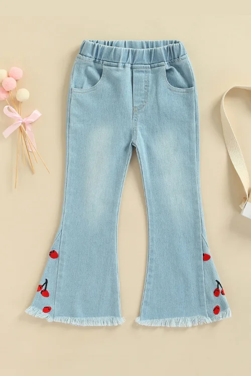 Crazy Deals Girls Kids Denim Pants Cherry Embroidered Elastic Waistband Flare Jeans with Pockets Crazy Deals Girls Kids Denim Pants Cherry Embroidered Elastic Waistband Flare Jeans with Pockets
