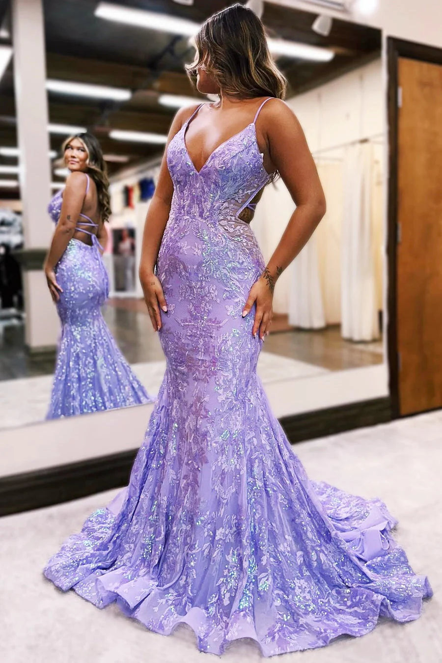 Super Bargain Lilac Sequin Lace V-Neck Long Prom Dress