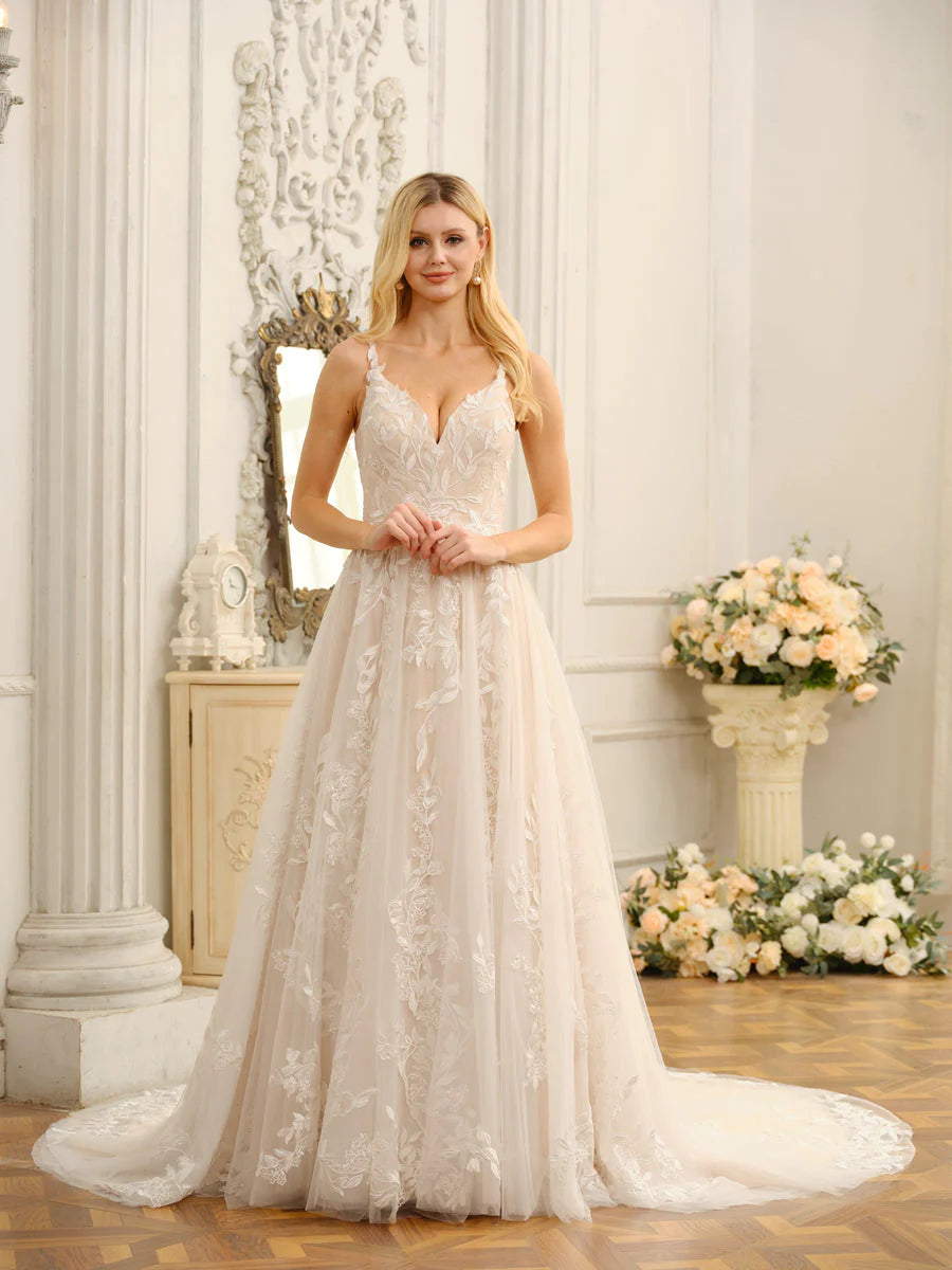 Midnight Madness A-Line/Princess Spaghetti Straps Sleeveless Long Wedding Dresses With Appliques Midnight Madness A-Line/Princess Spaghetti Straps Sleeveless Long Wedding Dresses With Appliques