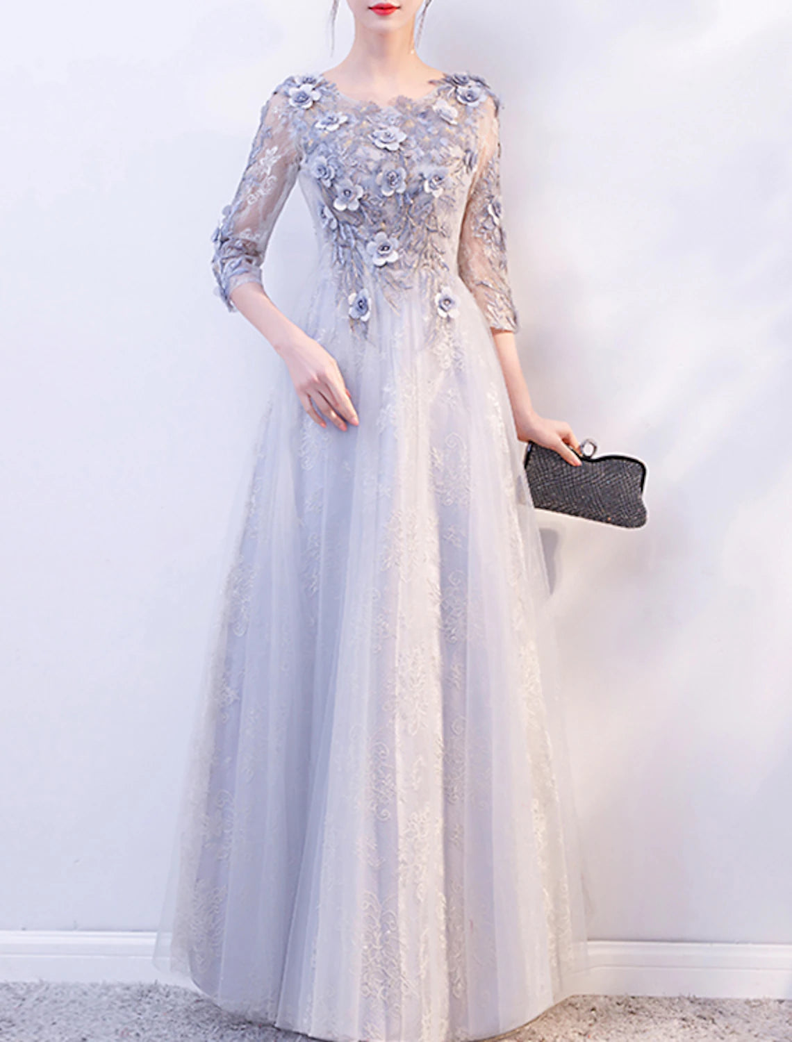 Markdown Madness A-Line Evening Gown Floral Dress Wedding Guest Formal Evening Floor Length 3/4 Length Sleeve Jewel Neck Tulle with Appliques