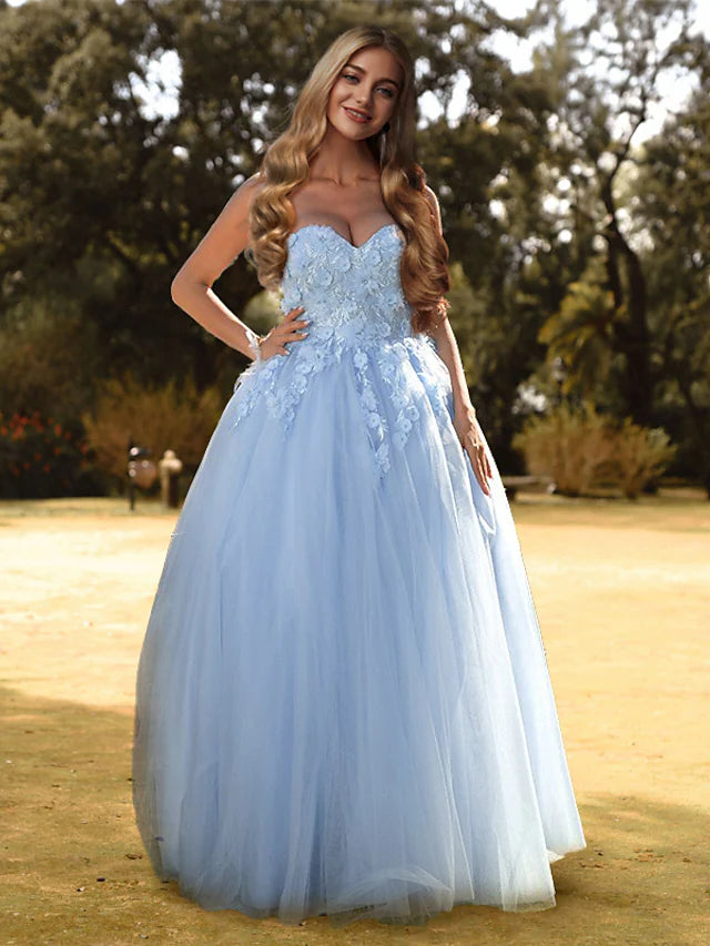 Price Rollback Prom Dresses Floral Dress  Floor Length Sleeveless Sweetheart Tulle with Appliques