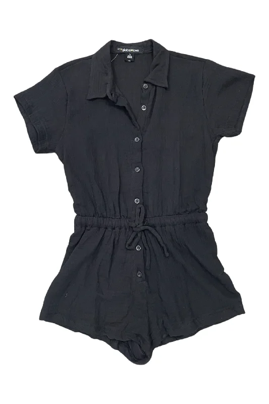 Loyalty Reward Black Gauze Button Up Short Sleeve Romper