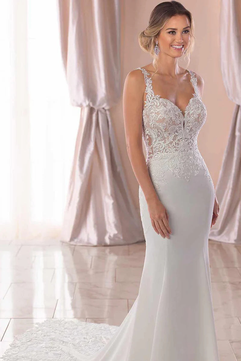 Warehouse Sale Lace Straps Sweep Train Mermaid White Chapel Train Wedding Dress
