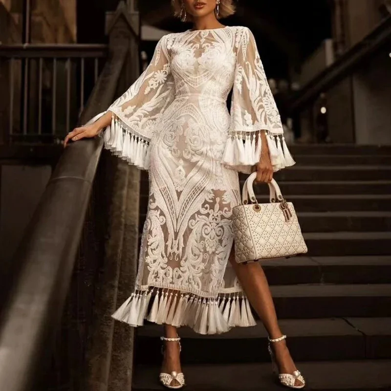 Holiday Sale Women's Spring High-Waist O-Neck Long-Sleeved Dress