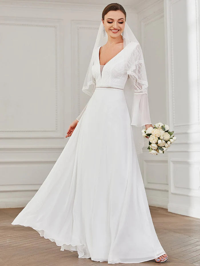 Price Reduction Bell Sleeve Chevron Lace V-Neck A-Line Wedding Dress