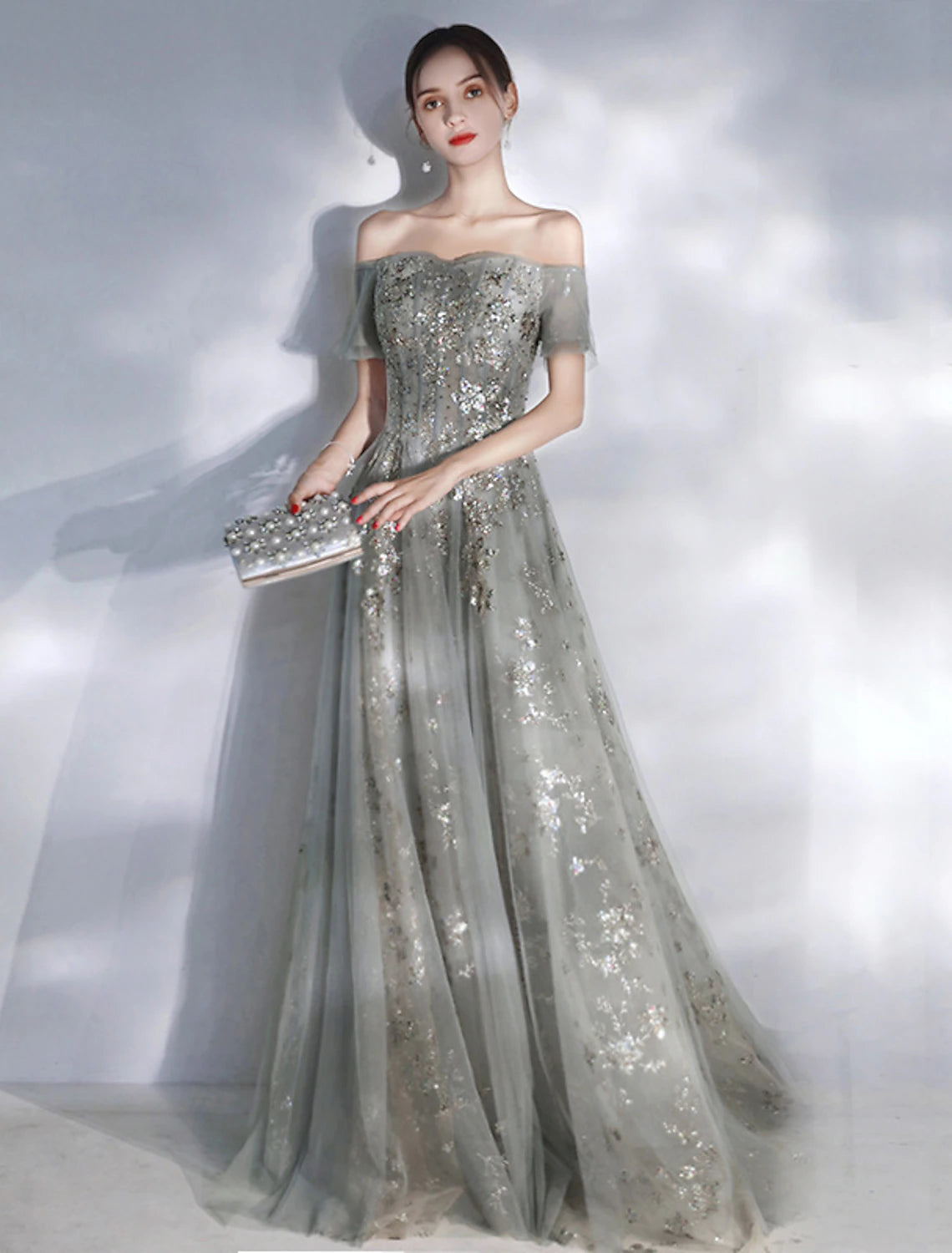 Don't Wait A-Line Evening Gown Glittering Dress Engagement Formal Evening Floor Length Short Sleeve Off Shoulder Spandex with Sequin Appliques Don't Wait A-Line Evening Gown Glittering Dress Engagement Formal Evening Floor Length Short Sleeve Off Shoulder Spandex with Sequin Appliques