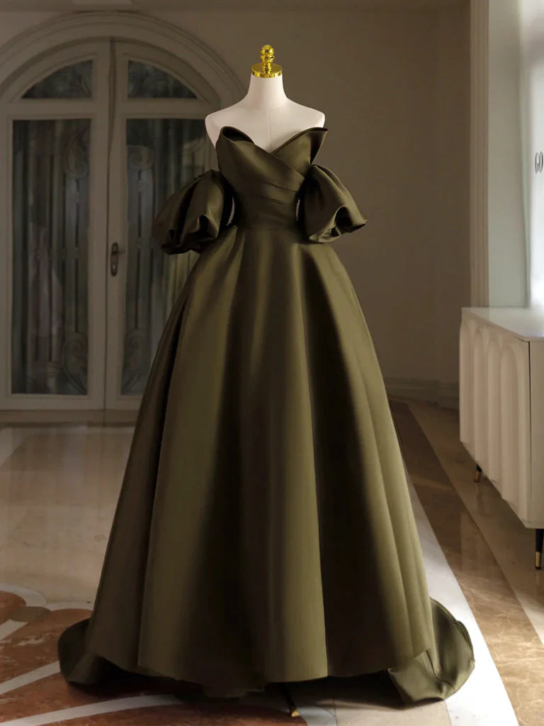 Get It Before It’s Gone Olive Green A-Line Puff Sleeves Satin Long Prom Dress Evening Dress