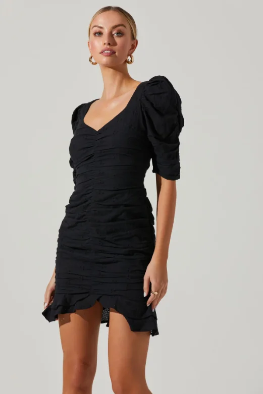 Bargain Prices Black Eyelet Ruched Puff Sleeve Loiza Mini Dress