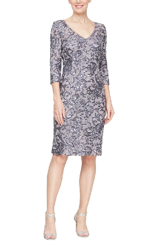 Early Bird Discount Short V-Neck Sheath Dress with Illusion Neckline and Elbow Sleeves