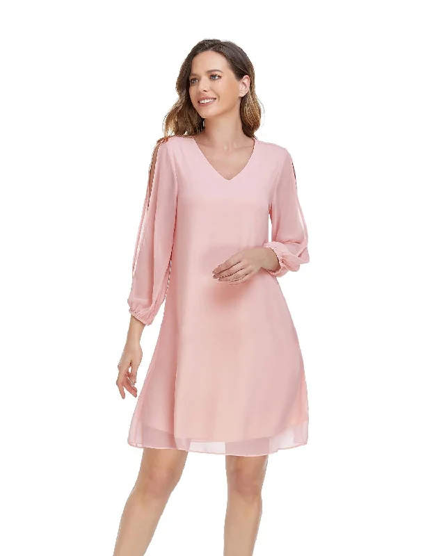 Sale Event A-Line Empire Homecoming Cocktail Party Dress V Neck 3/4 Length Sleeve Short / Mini Chiffon with Slit Pure Color Sale Event A-Line Empire Homecoming Cocktail Party Dress V Neck 3/4 Length Sleeve Short / Mini Chiffon with Slit Pure Color