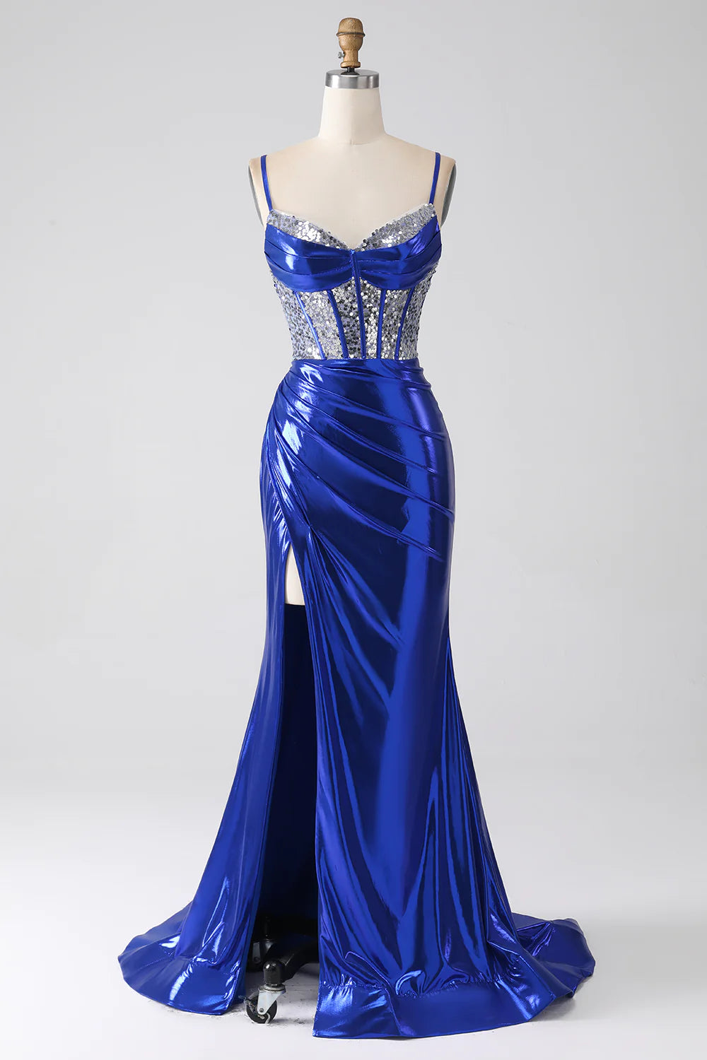 Savings Bonanza Royal Blue Mermaid Sparkly Sequin Pleated Corset Prom Dress With Slit
