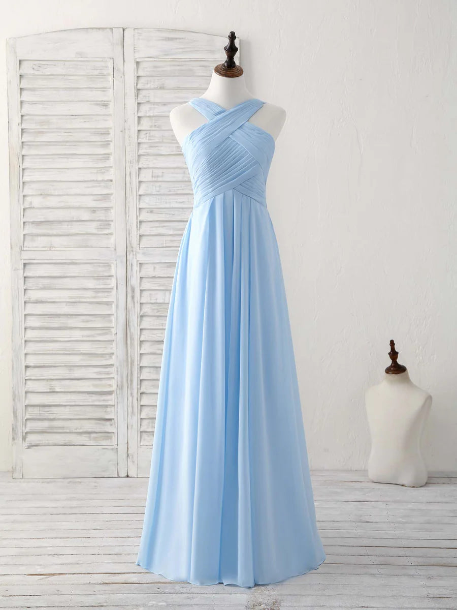 Epic Deals Simple V Neck Chiffon Sky Blue Floor-length Prom Dress Blue Bridesmaid Dress