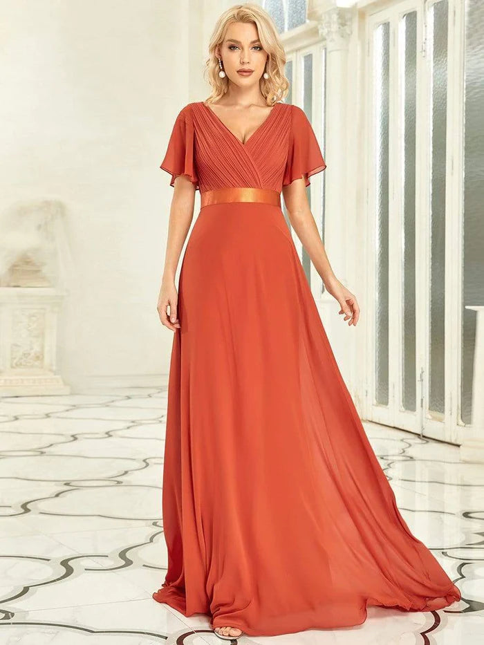 Best Bargains Empire Waist Floor Length Bridesmaid Dress with Short Flutter Sleeves