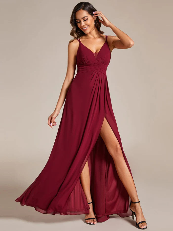 Clearance Event Deep V-Neck High Front Slit Spaghetti Strap Back X-Cross Bridesmaid Dress