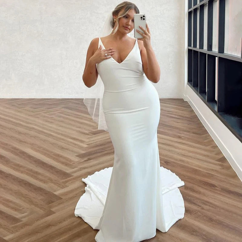 Referral Discount White Detachable Drape Back V-neck Trumpet Satin Wedding Dresses